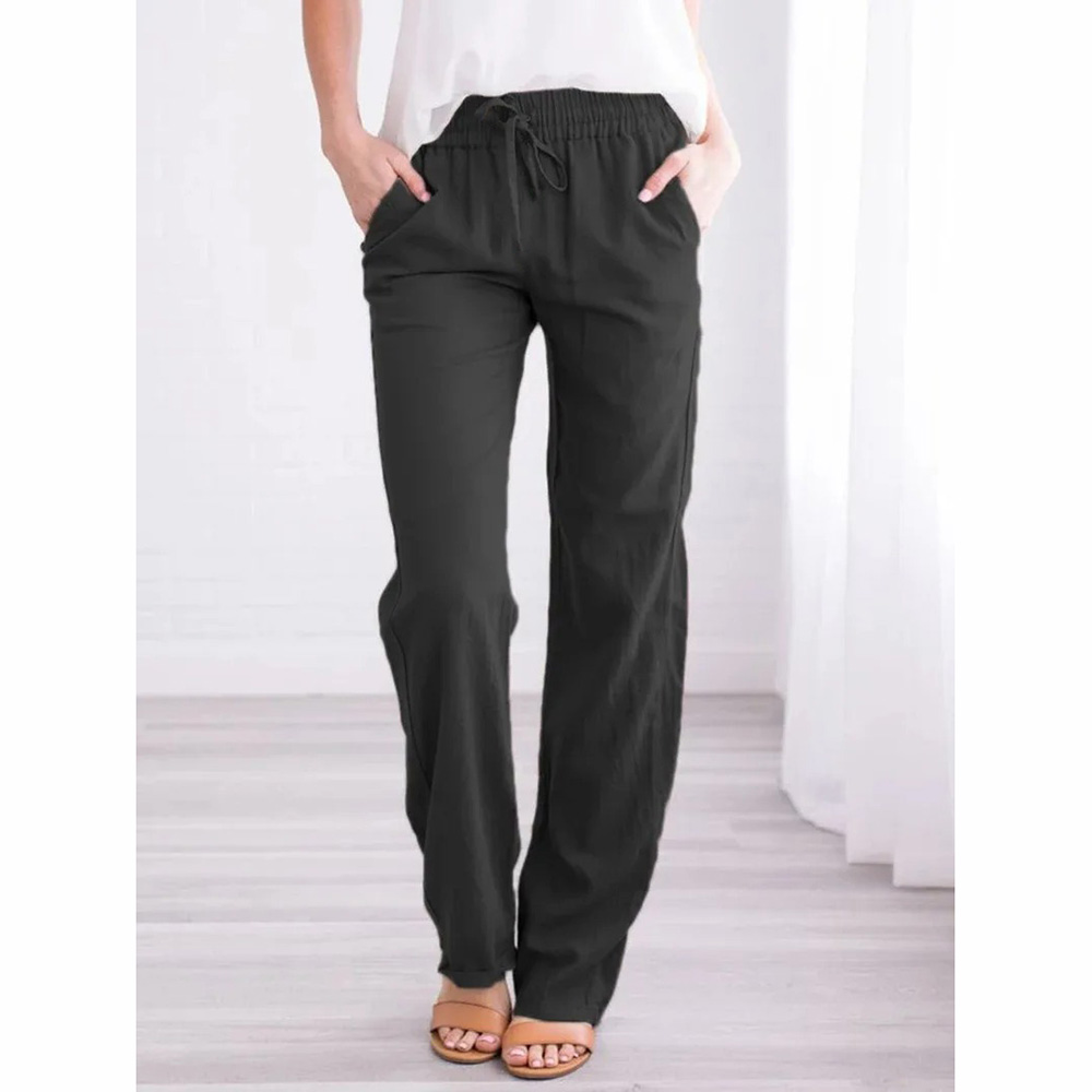 AliExpress Women Cotton Linen Drawstring Pants Elastic Waist Casual Solid Color Trousers Baggy Loose Straight Leg Breathable Sweatpants, view 4