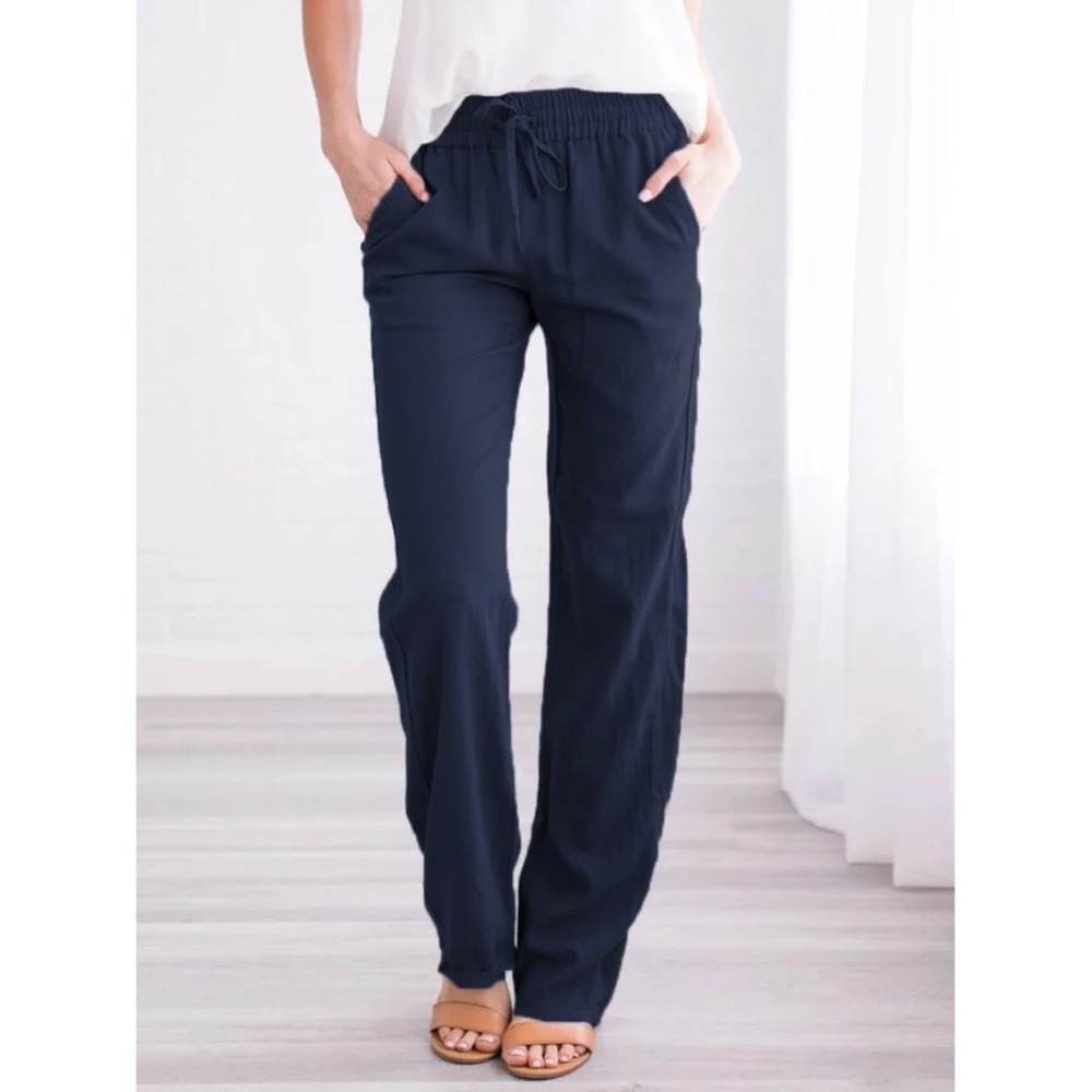 AliExpress Women Cotton Linen Drawstring Pants Elastic Waist Casual Solid Color Trousers Baggy Loose Straight Leg Breathable Sweatpants, view 5