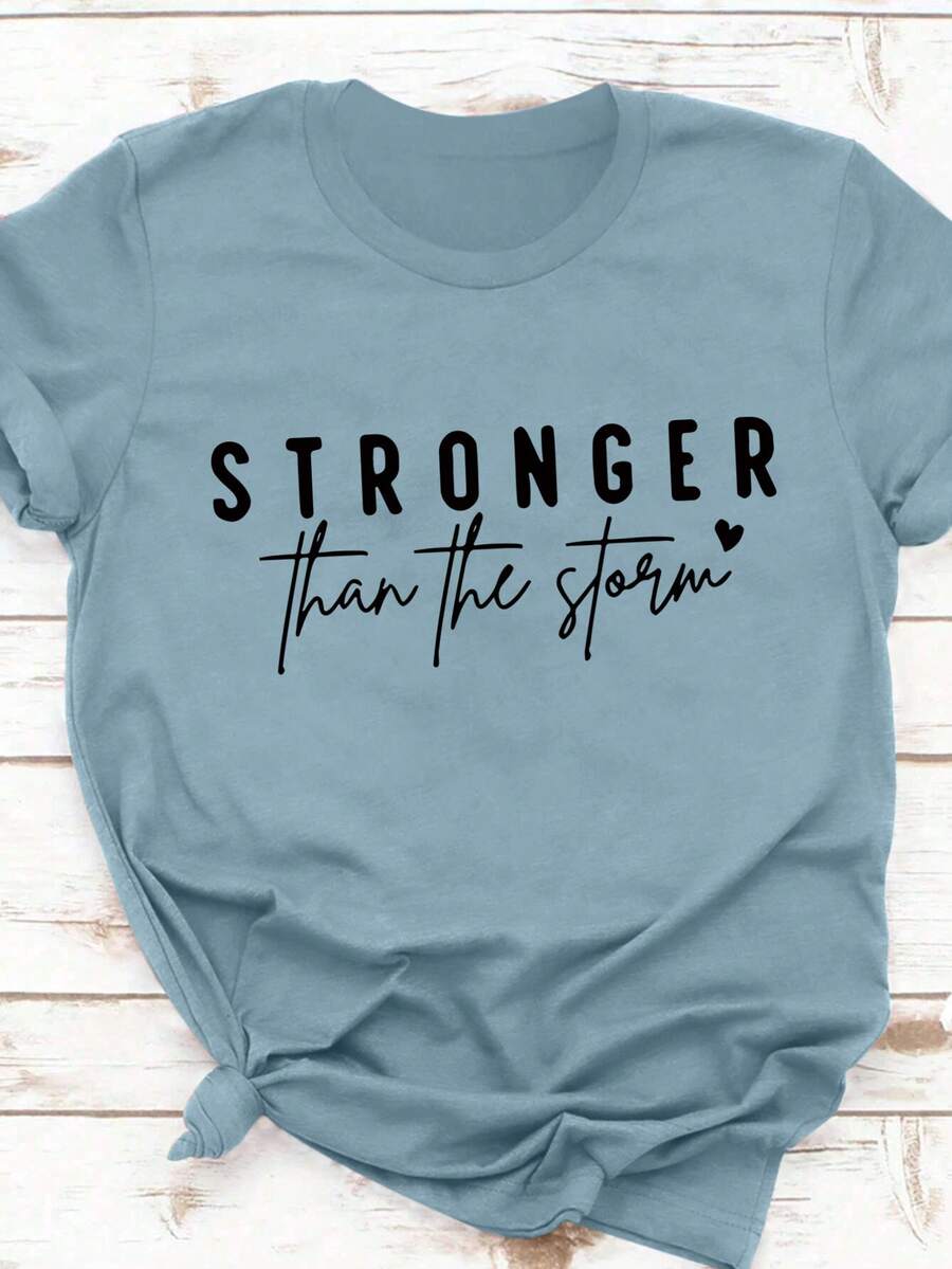 AliExpress Women Crew Neck Short Sleeve T Shirt Stronger Than The Storm Inspirational Slogan Graphic Print Mustard Color Casual Spring Summer Daily Streetwear Tops