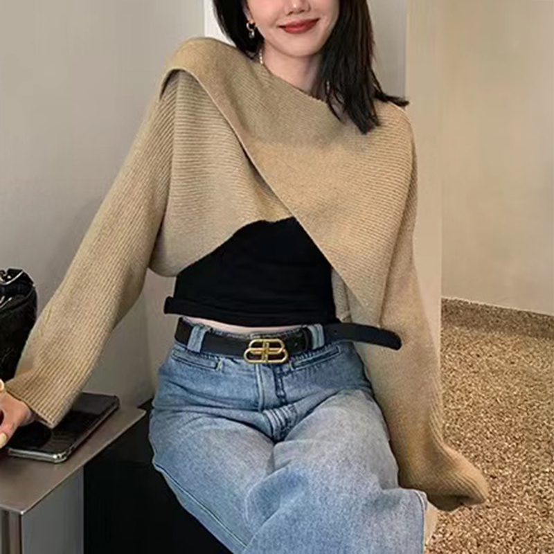 AliExpress Women Crisscross Sweater Crop Pullover Relaxe-fit Cross Front Knit Wrap Jumper Knitwear Teen-girl Fall Winter Elegant Outfit
