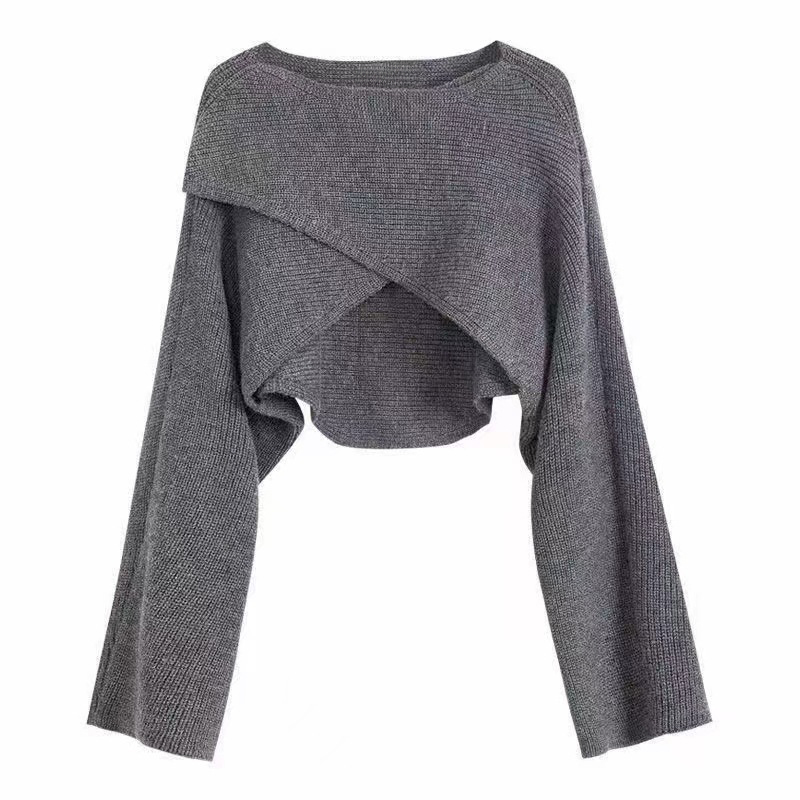 AliExpress Women Crisscross Sweater Crop Pullover Relaxe-fit Cross Front Knit Wrap Jumper Knitwear Teen-girl Fall Winter Elegant Outfit, view 4