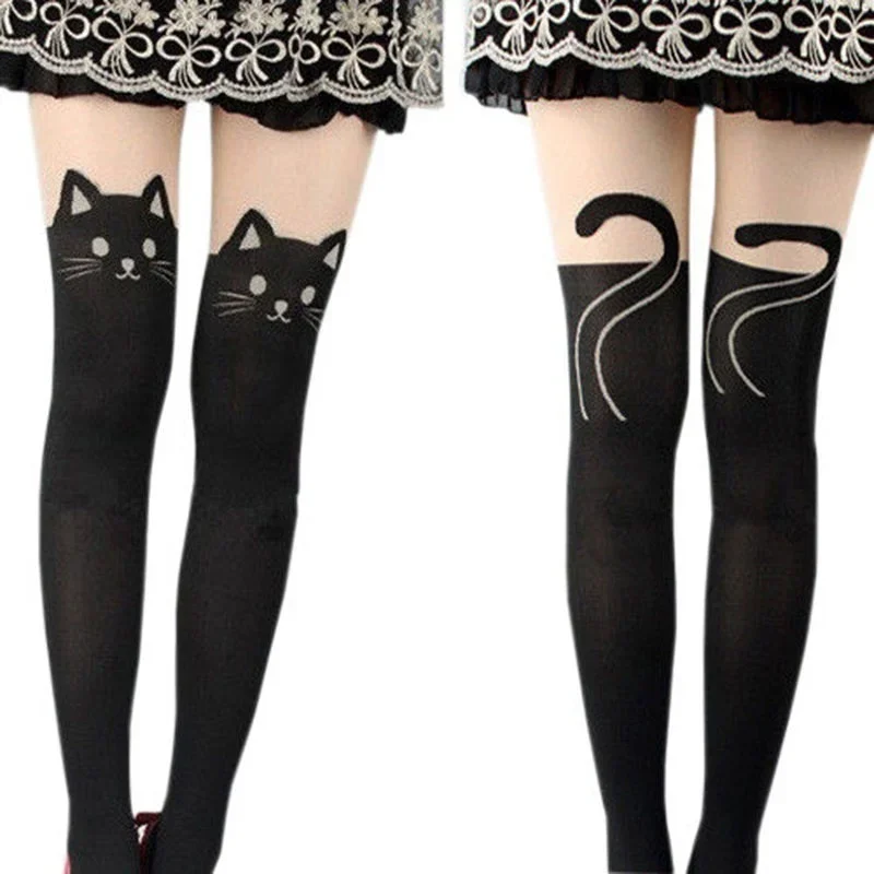 AliExpress Women Cute Black Cat Printed Silk Knee Socks Casual Thigh Cotton Warm High Over Knee Socks Cute Romantic Socks Lady Cat
