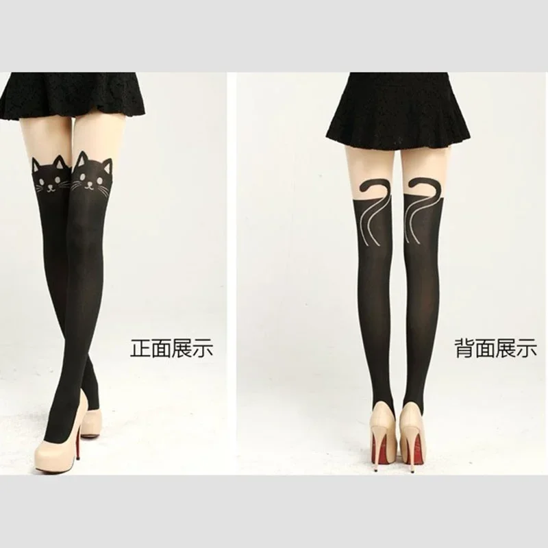 AliExpress Women Cute Black Cat Printed Silk Knee Socks Casual Thigh Cotton Warm High Over Knee Socks Cute Romantic Socks Lady Cat, view 3