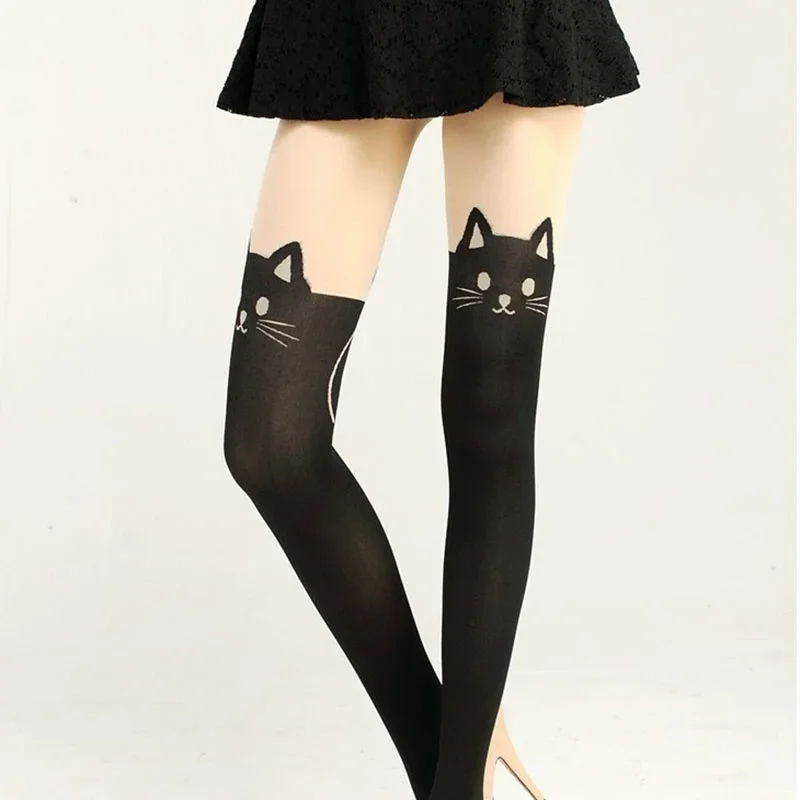 AliExpress Women Cute Black Cat Printed Silk Knee Socks Casual Thigh Cotton Warm High Over Knee Socks Cute Romantic Socks Lady Cat, view 4