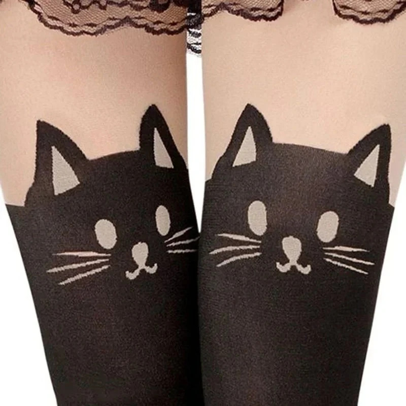 AliExpress Women Cute Black Cat Printed Silk Knee Socks Casual Thigh Cotton Warm High Over Knee Socks Cute Romantic Socks Lady Cat, view 2