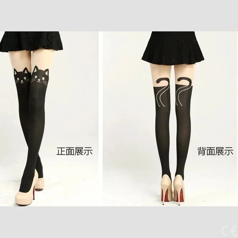 AliExpress Women Cute Black Cat Printed Silk Knee Socks Casual Thigh Cotton Warm High Over Knee Socks Cute Romantic Socks Lady Cat, view 3