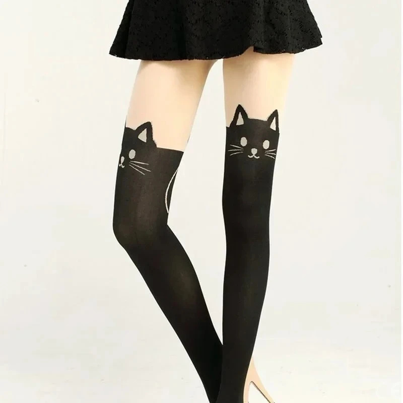 AliExpress Women Cute Black Cat Printed Silk Knee Socks Casual Thigh Cotton Warm High Over Knee Socks Cute Romantic Socks Lady Cat, view 4