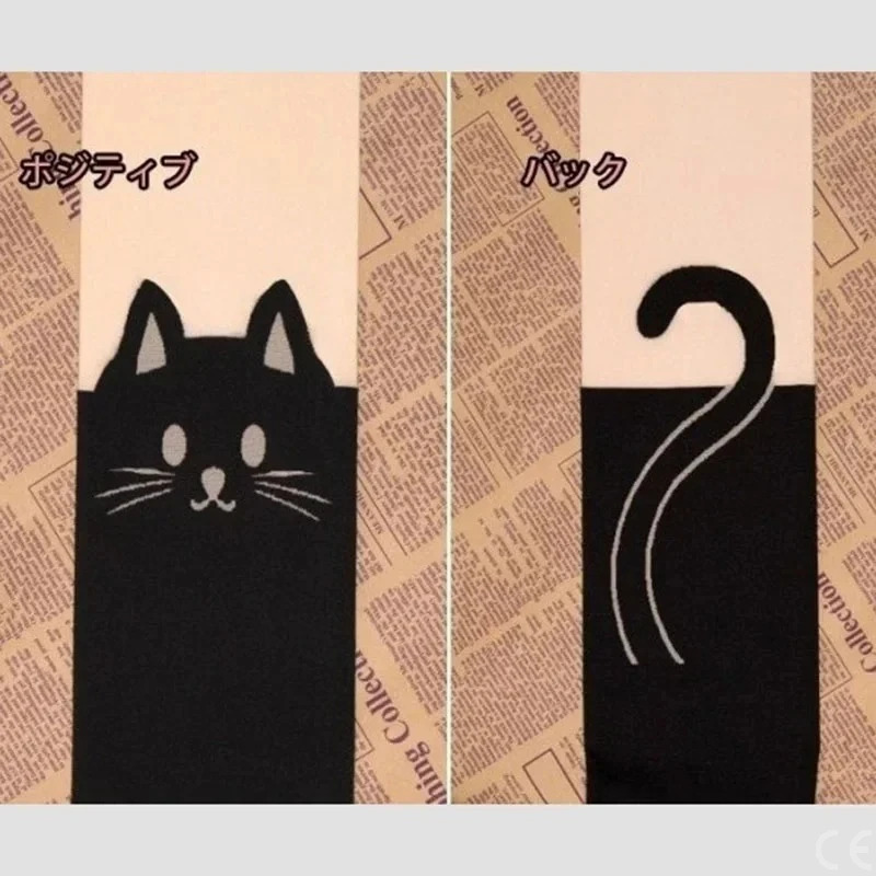 AliExpress Women Cute Black Cat Printed Silk Knee Socks Casual Thigh Cotton Warm High Over Knee Socks Cute Romantic Socks Lady Cat, view 6