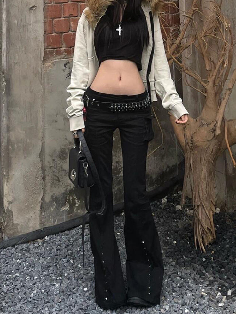 AliExpress Women Dark Academia Goblin Core Long Trousers Gyaru Goth Low Rise Flare Pants Y2K Streetwear Stretch Japanese Harajuku Grunge, view 2
