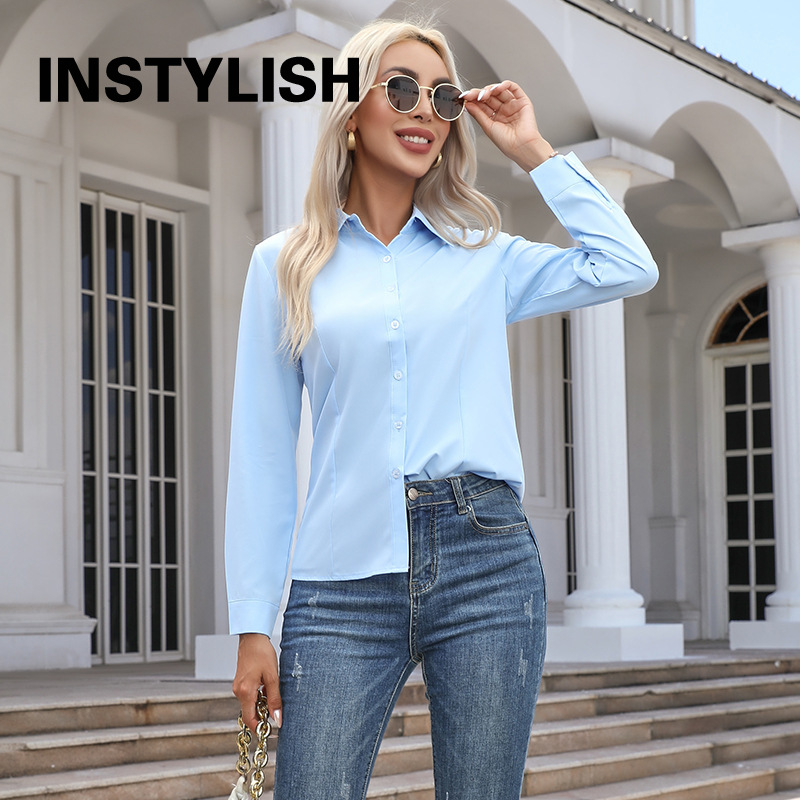 AliExpress Women Elegant Solid Button Shirt Chiffon Blouse Spring Summer Casual Solid Long Sleeve Turn Down Collar Tunics OL Shirt Tops, view 2