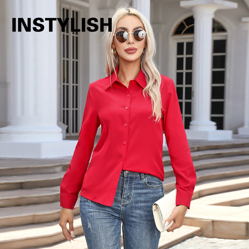AliExpress Women Elegant Solid Button Shirt Chiffon Blouse Spring Summer Casual Solid Long Sleeve Turn Down Collar Tunics OL Shirt Tops, view 4