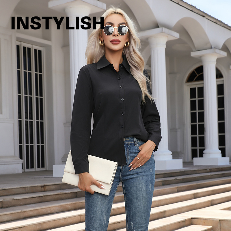 AliExpress Women Elegant Solid Button Shirt Chiffon Blouse Spring Summer Casual Solid Long Sleeve Turn Down Collar Tunics OL Shirt Tops, view 5