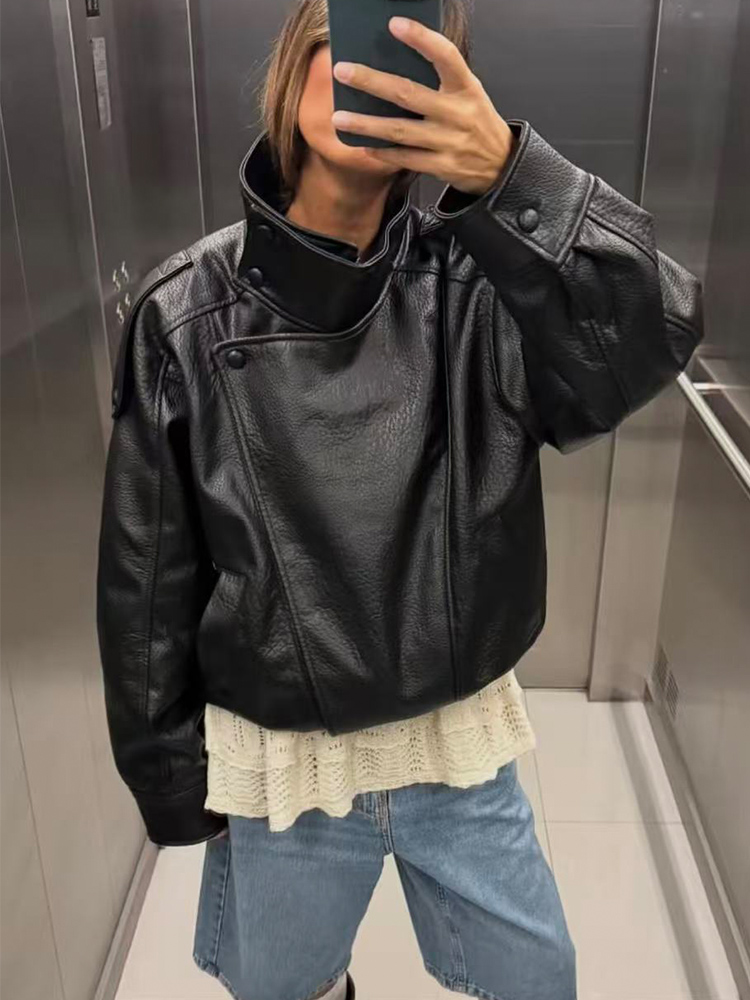 AliExpress Women Fashion Leather Jacket Autumn Winter Loose Causal PU Faux Leather Jackets Coat Fashion Street Motorcycle Jackets, view 2
