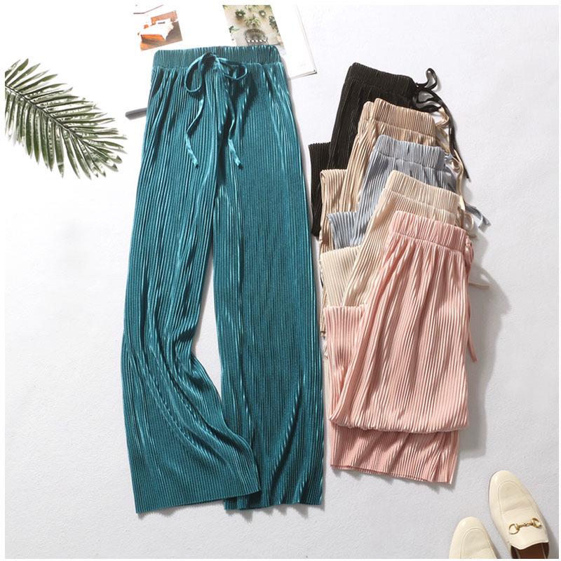 AliExpress Women Fashion Summer Wide Leg Pants Pleated Ice Silk Trousers Elastic Waist Loose Casual Pants