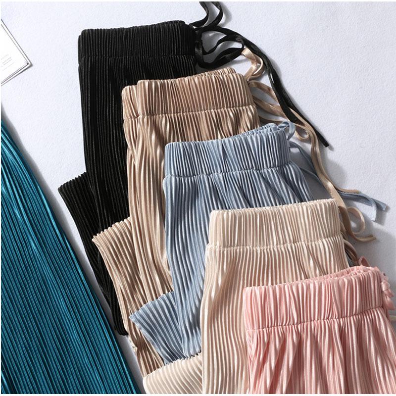 AliExpress Women Fashion Summer Wide Leg Pants Pleated Ice Silk Trousers Elastic Waist Loose Casual Pants, view 2