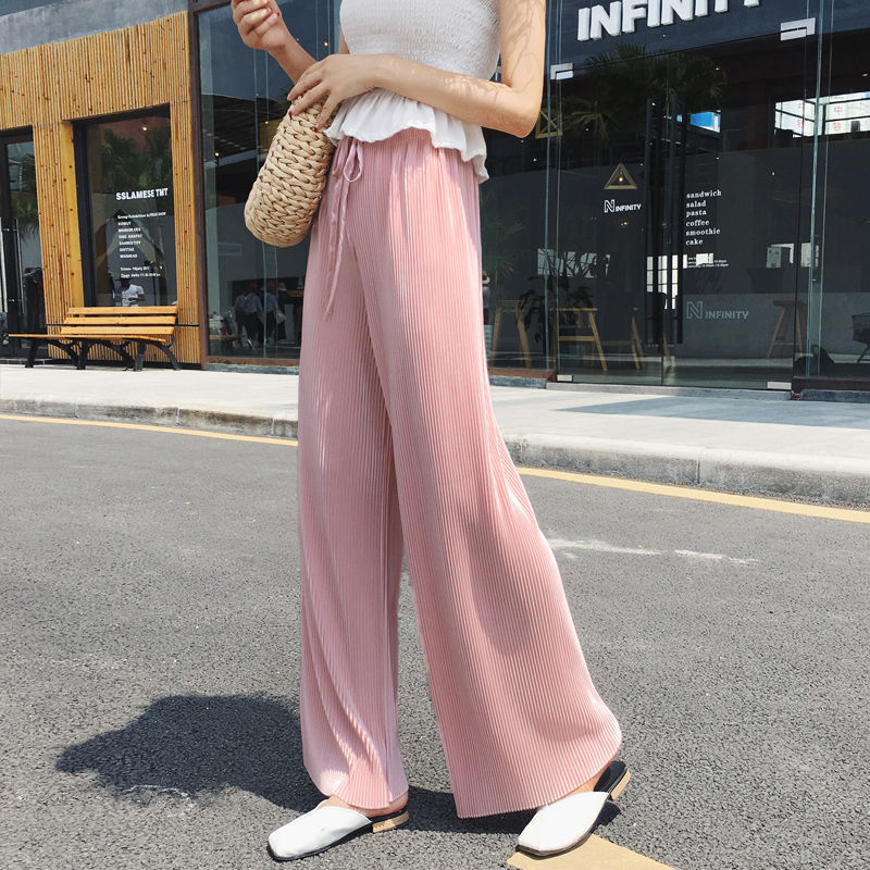 AliExpress Women Fashion Summer Wide Leg Pants Pleated Ice Silk Trousers Elastic Waist Loose Casual Pants, view 3