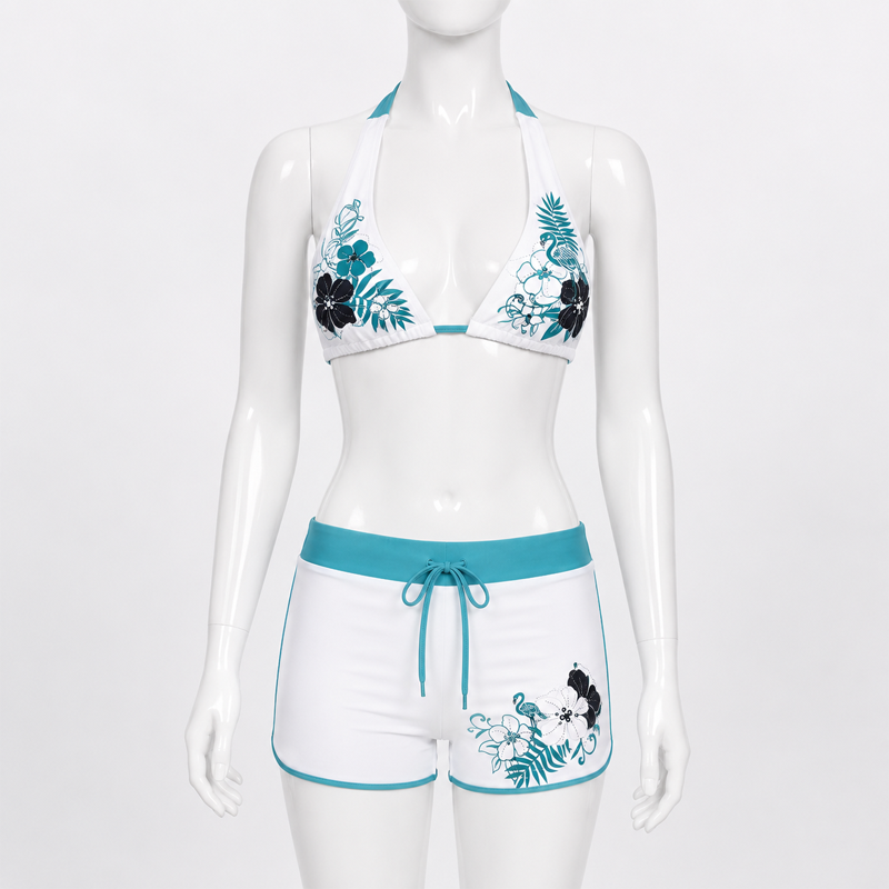 AliExpress Women Floral Bikini Set Halter Triangle Top Drawstring Boyshort Bottom Two Piece Sexy Beach Swimwear Summer Vacation 2026, view 4