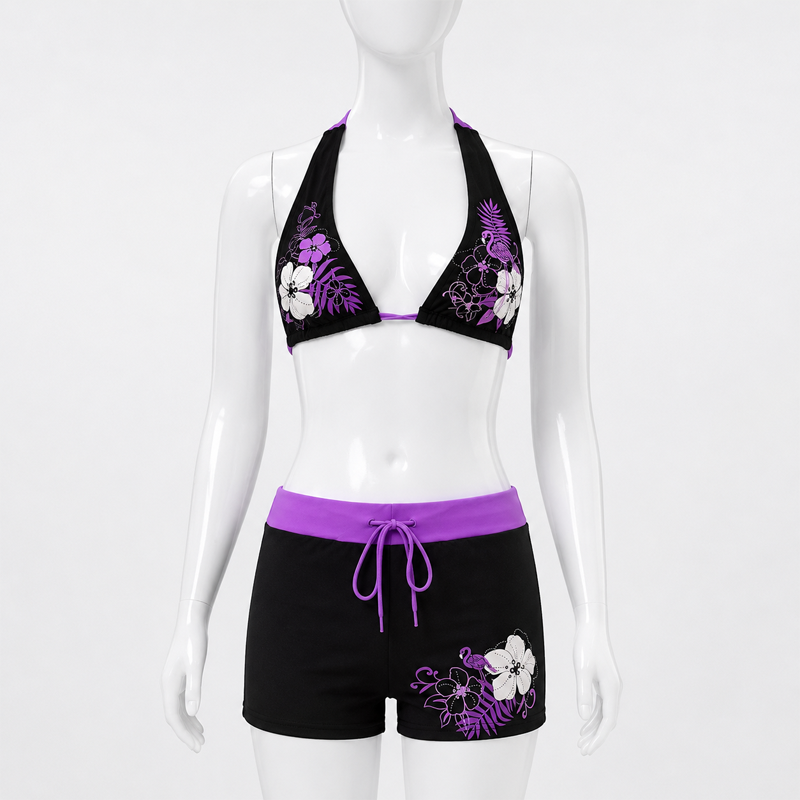 AliExpress Women Floral Bikini Set Halter Triangle Top Drawstring Boyshort Bottom Two Piece Sexy Beach Swimwear Summer Vacation 2026, view 5
