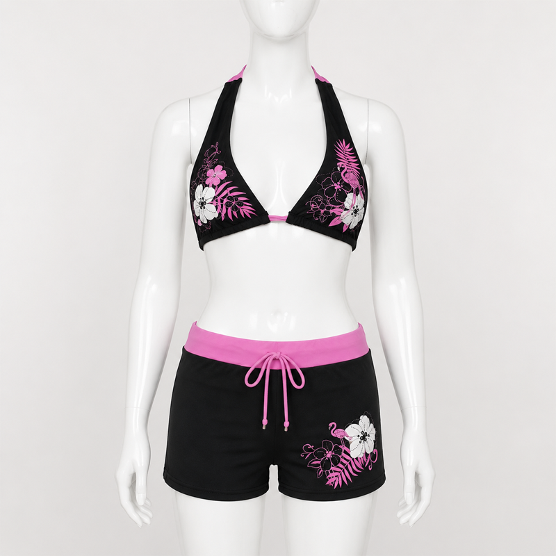 AliExpress Women Floral Bikini Set Halter Triangle Top Drawstring Boyshort Bottom Two Piece Sexy Beach Swimwear Summer Vacation 2026, view 6
