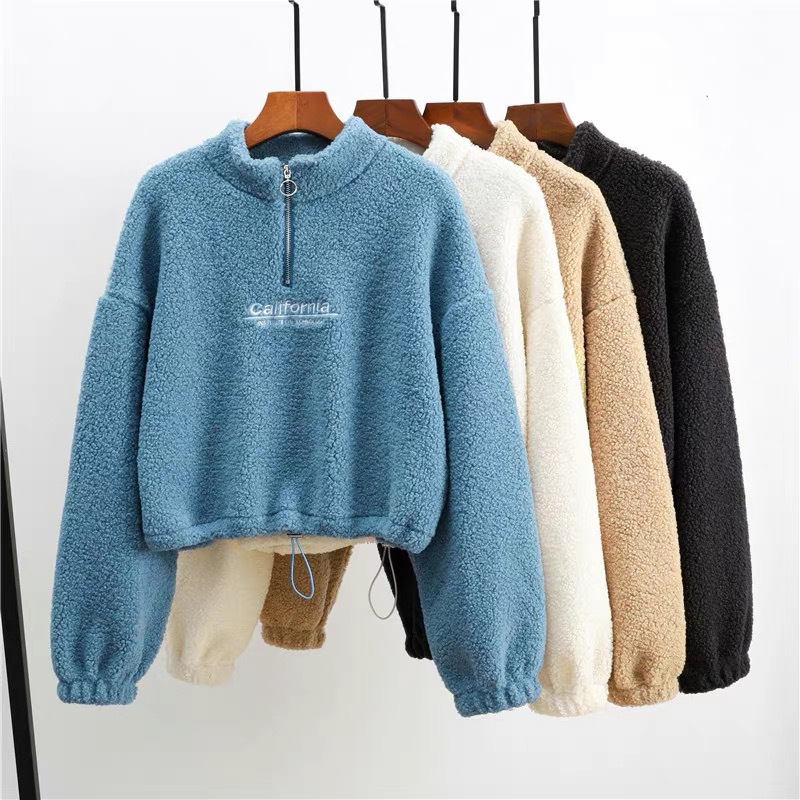 AliExpress Women Letter Embroidery Stand Neck Fleece Cropped Hoodies Autumn Long Sleeve Drawstring Sweatshirt New Casual Plush Velvet Tops, view 2