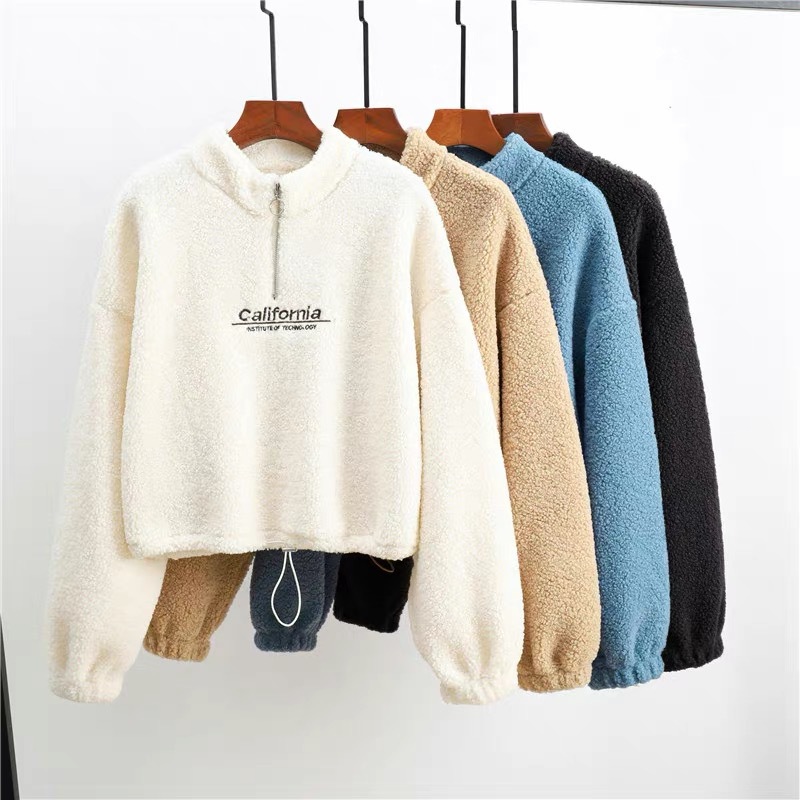 AliExpress Women Letter Embroidery Stand Neck Fleece Cropped Hoodies Autumn Long Sleeve Drawstring Sweatshirt New Casual Plush Velvet Tops, view 3