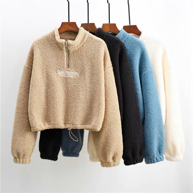 AliExpress Women Letter Embroidery Stand Neck Fleece Cropped Hoodies Autumn Long Sleeve Drawstring Sweatshirt New Casual Plush Velvet Tops, view 4