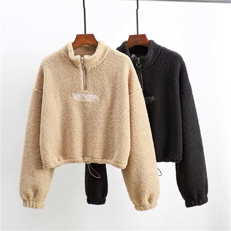 AliExpress Women Letter Embroidery Stand Neck Fleece Cropped Hoodies Autumn Long Sleeve Drawstring Sweatshirt New Casual Plush Velvet Tops, view 6