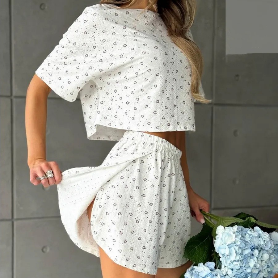 AliExpress Women Pajamas Set Women's Pajamas Hollow Breathable Printing Sexy Split Shorts Crew Neck Top Set Loungewear Home Comfort, view 3