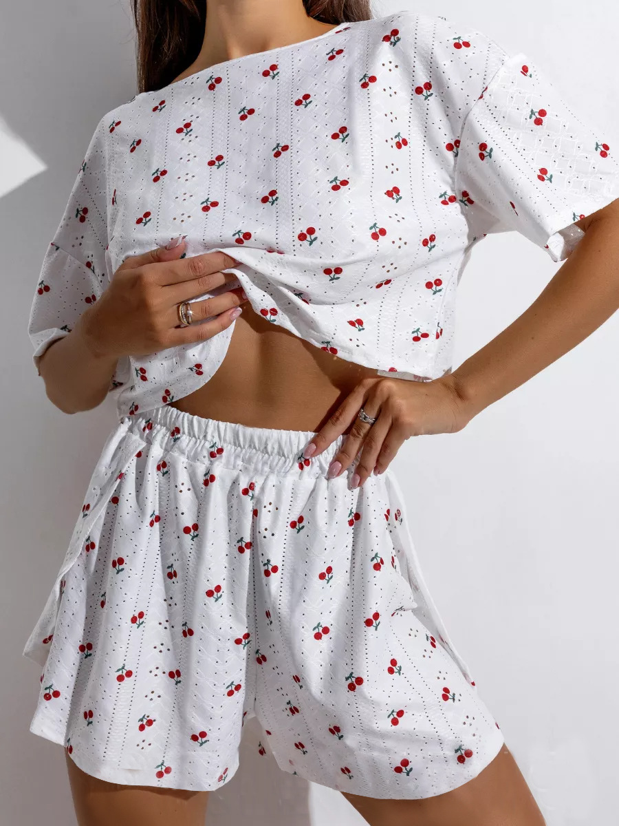 AliExpress Women Pajamas Set Women's Pajamas Hollow Breathable Printing Sexy Split Shorts Crew Neck Top Set Loungewear Home Comfort, view 4