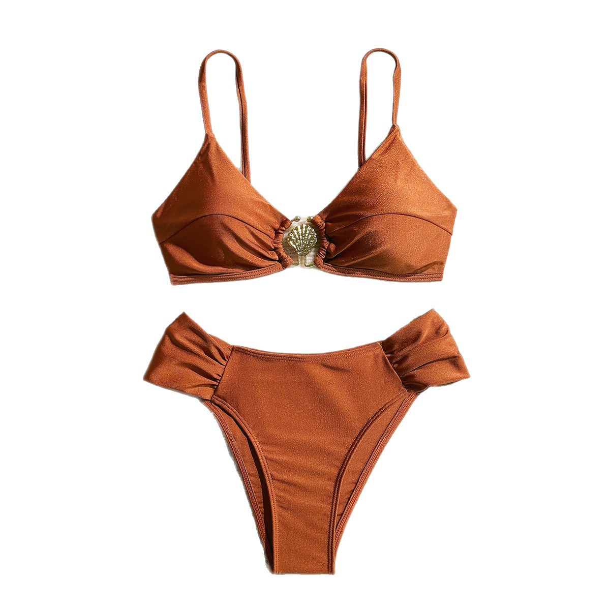 AliExpress Women's 2026 New Sexy Shell Metal Button Bikini Set Solid Color Push Up Halter Two Piece Swimwear Summer Beach Bathing Suit, view 2