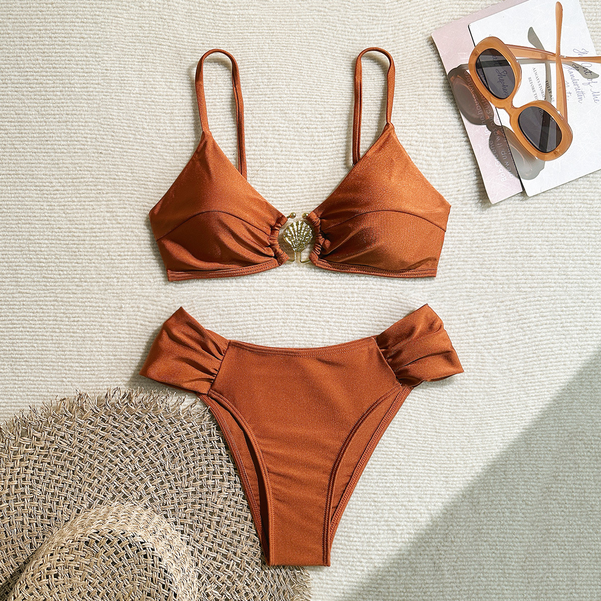 AliExpress Women's 2026 New Sexy Shell Metal Button Bikini Set Solid Color Push Up Halter Two Piece Swimwear Summer Beach Bathing Suit, view 3
