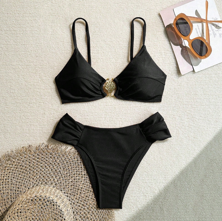 AliExpress Women's 2026 New Sexy Shell Metal Button Bikini Set Solid Color Push Up Halter Two Piece Swimwear Summer Beach Bathing Suit, view 4