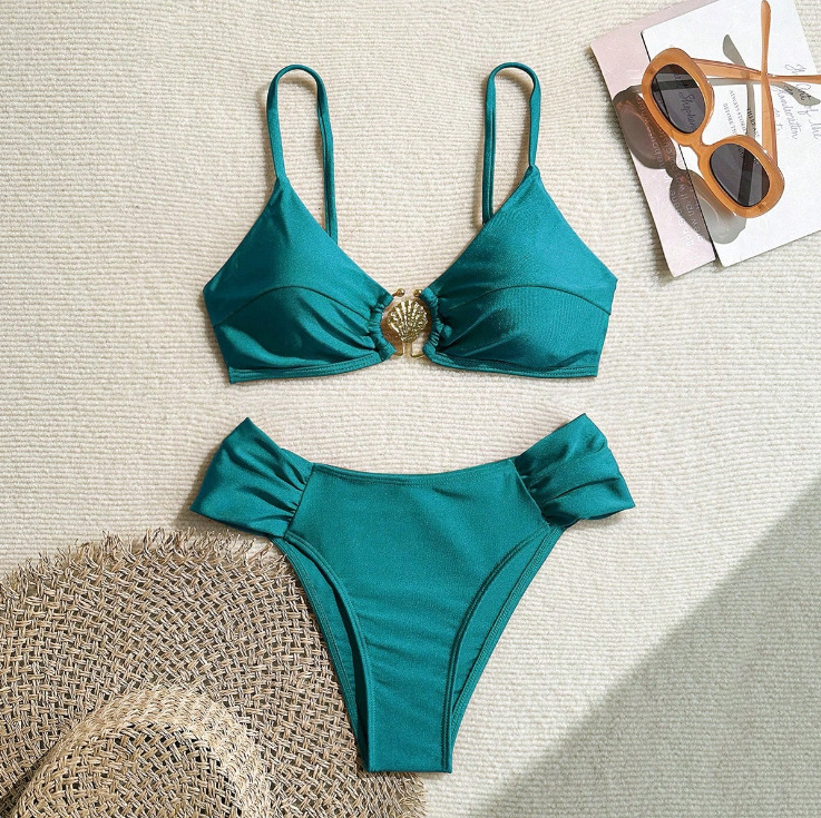 AliExpress Women's 2026 New Sexy Shell Metal Button Bikini Set Solid Color Push Up Halter Two Piece Swimwear Summer Beach Bathing Suit, view 5