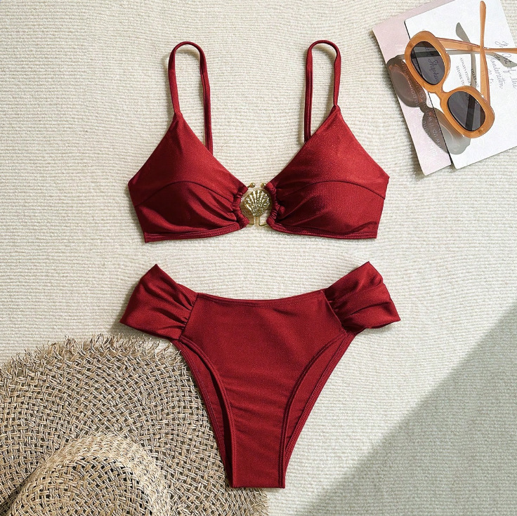 AliExpress Women's 2026 New Sexy Shell Metal Button Bikini Set Solid Color Push Up Halter Two Piece Swimwear Summer Beach Bathing Suit, view 6