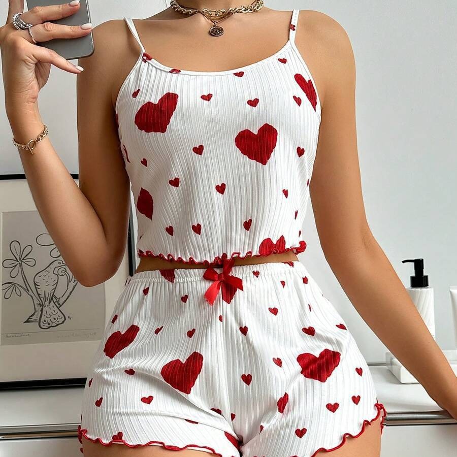AliExpress Women’s 2PCS Heart Print Pajama Set, Sleeveless Crop Top and Shorts, Soft Comfy Sleepwear Loungewear for Summer Nightwear