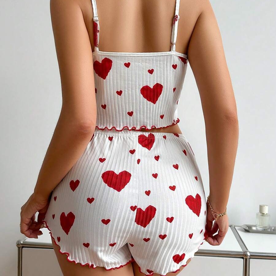 AliExpress Women’s 2PCS Heart Print Pajama Set, Sleeveless Crop Top and Shorts, Soft Comfy Sleepwear Loungewear for Summer Nightwear, view 2