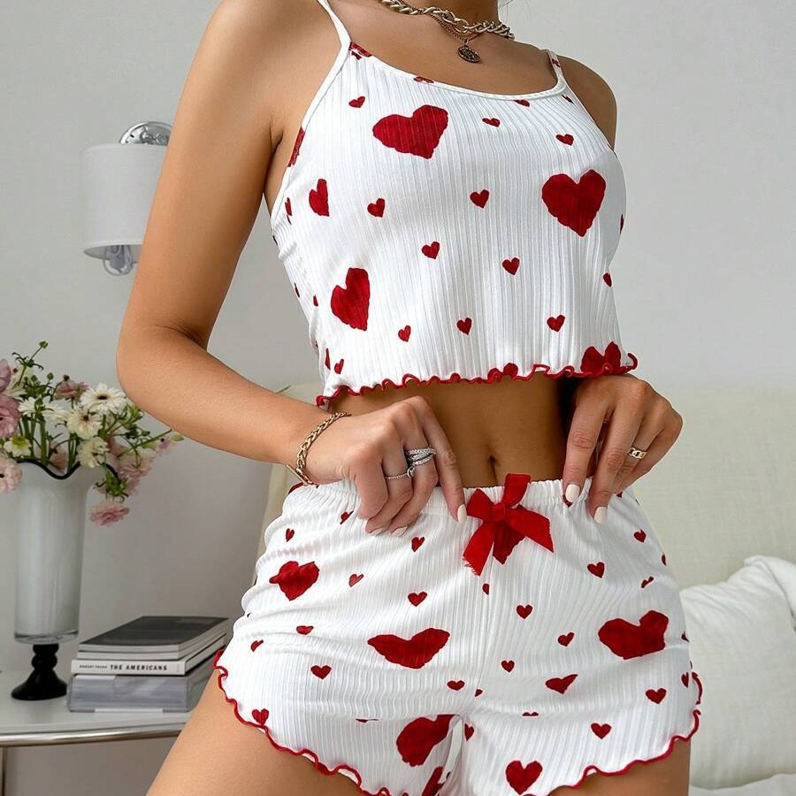 AliExpress Women’s 2PCS Heart Print Pajama Set, Sleeveless Crop Top and Shorts, Soft Comfy Sleepwear Loungewear for Summer Nightwear, view 3