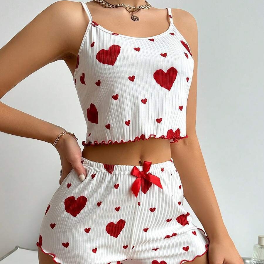 AliExpress Women’s 2PCS Heart Print Pajama Set, Sleeveless Crop Top and Shorts, Soft Comfy Sleepwear Loungewear for Summer Nightwear, view 4