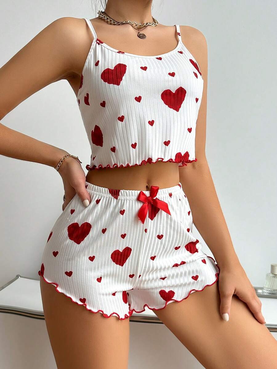 AliExpress Women’s 2PCS Heart Print Pajama Set, Sleeveless Crop Top and Shorts, Soft Comfy Sleepwear Loungewear for Summer Nightwear, view 6