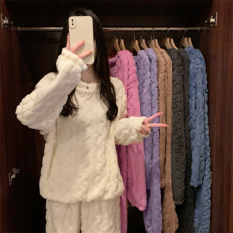 AliExpress Women's Autumn and Winter Thermal Pajamas Sets Coral Velvet Jacquard Warm Loungewear Female Soft Comfortable Thickened Sleepwear, view 2