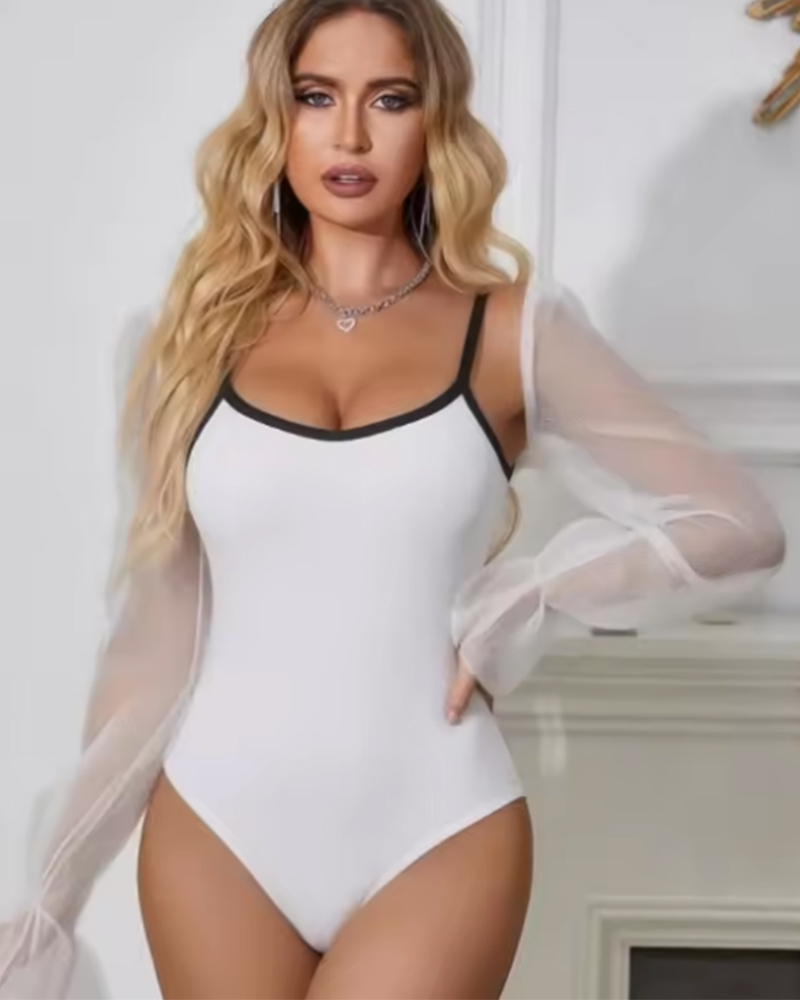AliExpress Women's Bodysuit 2026 New Fashion Spring Summer Color-block Trim Jumpsuit for Women Chic Personality Spaghetti Strap Bodysuit, view 3