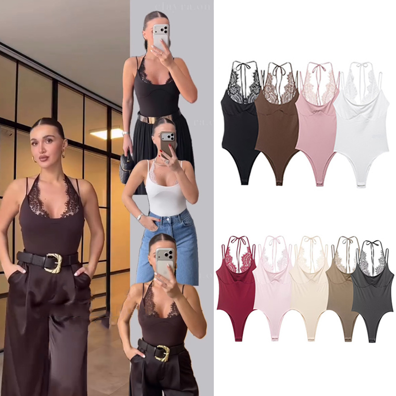 AliExpress Women's Bodysuit 2026 New Fashion Summer Black Spliced Lace Bodysuit for Women Elegant Chic Personality Spaghetti Strap Bodysuit