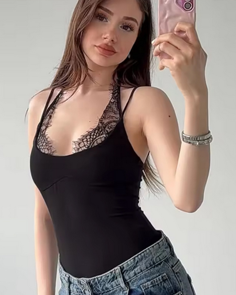 AliExpress Women's Bodysuit 2026 New Fashion Summer Black Spliced Lace Bodysuit for Women Elegant Chic Personality Spaghetti Strap Bodysuit, view 4
