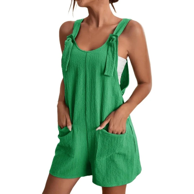 AliExpress Women's Casual Summer Short Rompers Loose Overall Solid Sleeveless Lace up Wide Leg Pant Tie Knot Strap Jumpsuits with Pockets, view 6