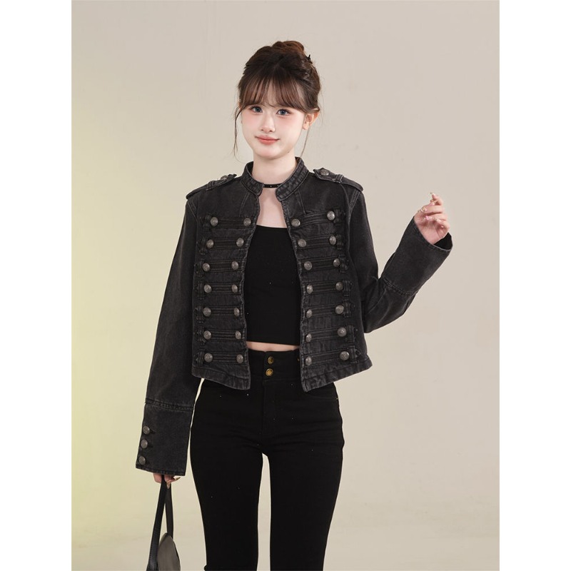 AliExpress Women's Clothing Short Coat New Jeans Jacket Retro Button Design Slim Stand-up Collar Long Sleeves Denim Top Jacket Short Coat