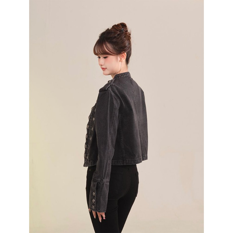 AliExpress Women's Clothing Short Coat New Jeans Jacket Retro Button Design Slim Stand-up Collar Long Sleeves Denim Top Jacket Short Coat, view 2