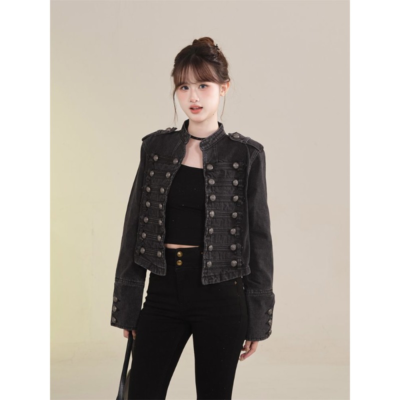 AliExpress Women's Clothing Short Coat New Jeans Jacket Retro Button Design Slim Stand-up Collar Long Sleeves Denim Top Jacket Short Coat, view 3