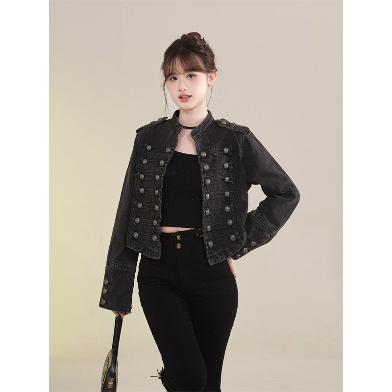 AliExpress Women's Clothing Short Coat New Jeans Jacket Retro Button Design Slim Stand-up Collar Long Sleeves Denim Top Jacket Short Coat, view 4