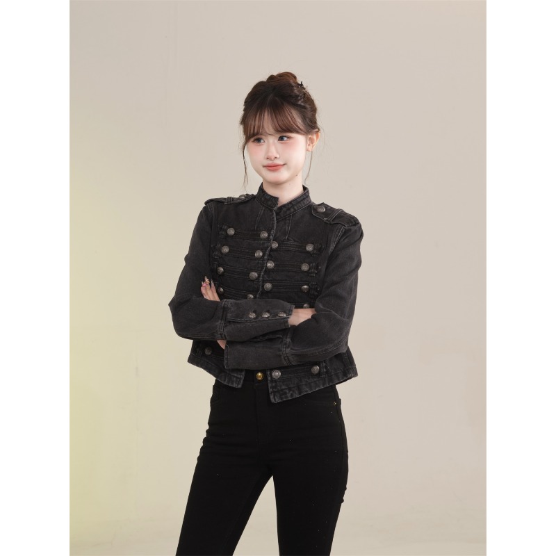 AliExpress Women's Clothing Short Coat New Jeans Jacket Retro Button Design Slim Stand-up Collar Long Sleeves Denim Top Jacket Short Coat, view 5