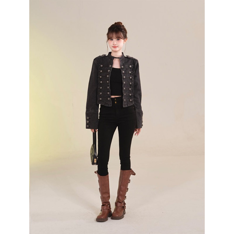 AliExpress Women's Clothing Short Coat New Jeans Jacket Retro Button Design Slim Stand-up Collar Long Sleeves Denim Top Jacket Short Coat, view 6